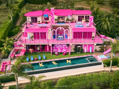 The exterior of the life-size Barbie DreamHouse in Malibu, which is available for stays on Airbnb later this month