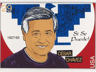 Portrait of Cesar Chavez in the style of a U.S. postage stamp