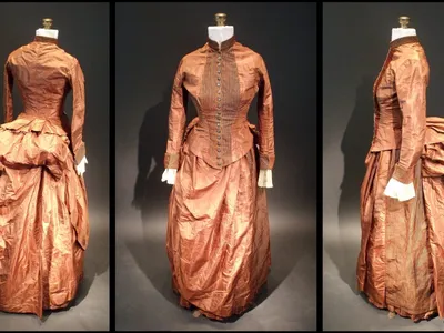 The silk dress, which dates to the mid-1880s, in which the pieces of paper containing the code were found. They were tucked in a hidden pocket, the opening of which was hidden by an overskirt.