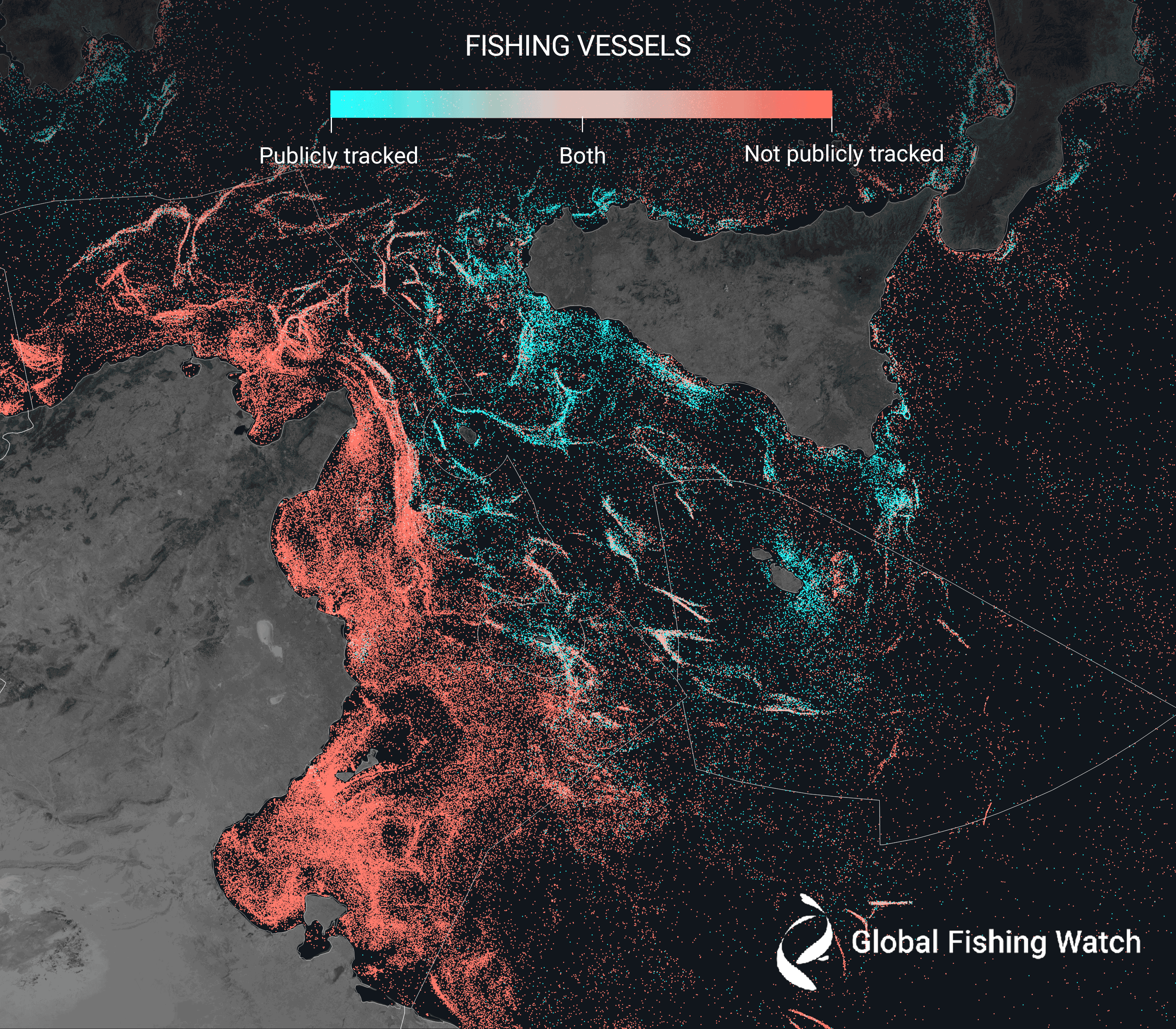A map of fishing vessels operating between Tunisia and Sicily reveals lots of untracked activity.