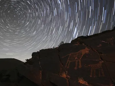 Depictions of catlike animals are visible on stones under a rotating, starry sky.

