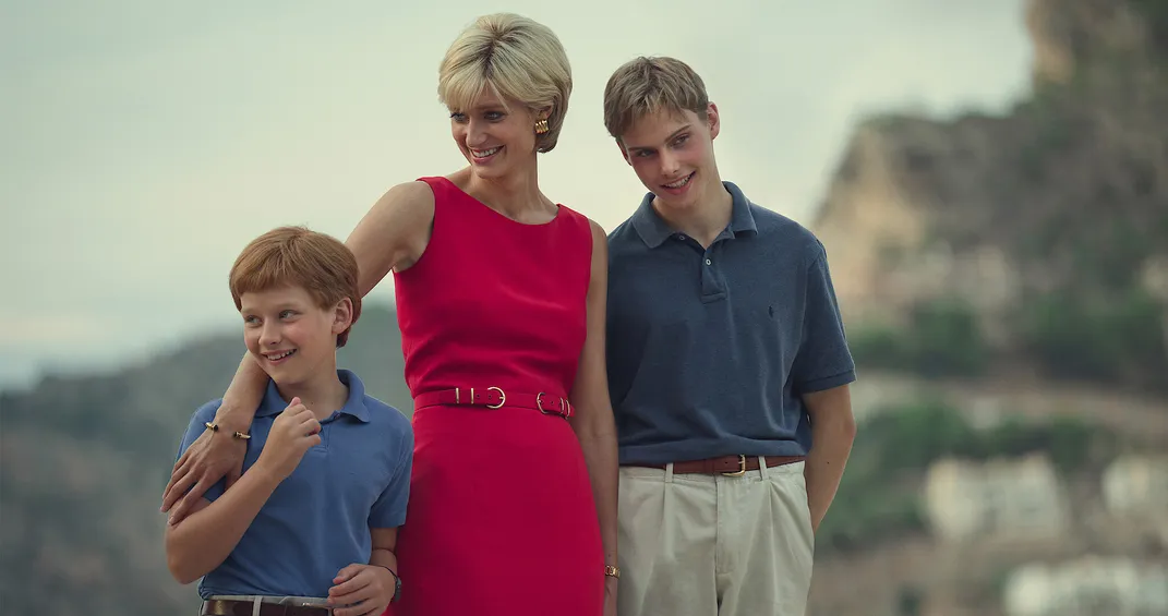 L to R: Fflyn Edwards as Harry, Elizabeth Debicki as Diana and Rufus Kampa as William in "The Crown"