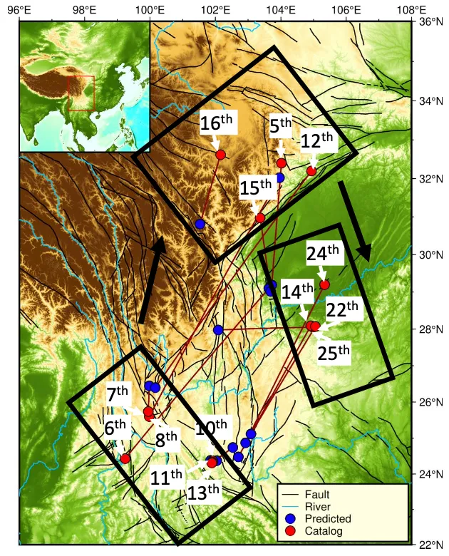 map of predicted and actual earthquakes in China