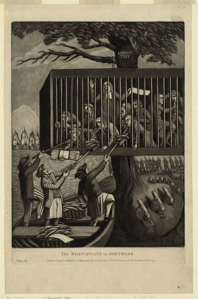 A 1774 print depicting Bostonians held captive in a cage, suspended from the "Liberty Tree"