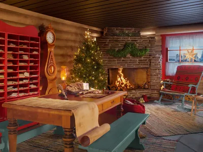 The cabin features traditional Lapland decorations.