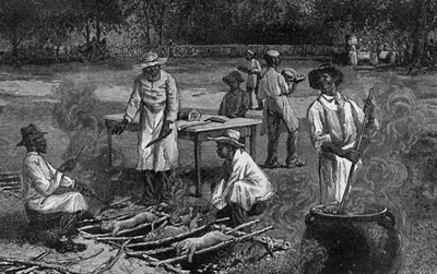 A Southern Barbecue, a wood engraving from a sketch by Horace Bradley, published in Harper&rsquo;s Weekly, July 1887.