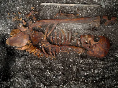 A 2,000-year-old human skeleton found at the Jabuticabeira II burial site in Brazil.