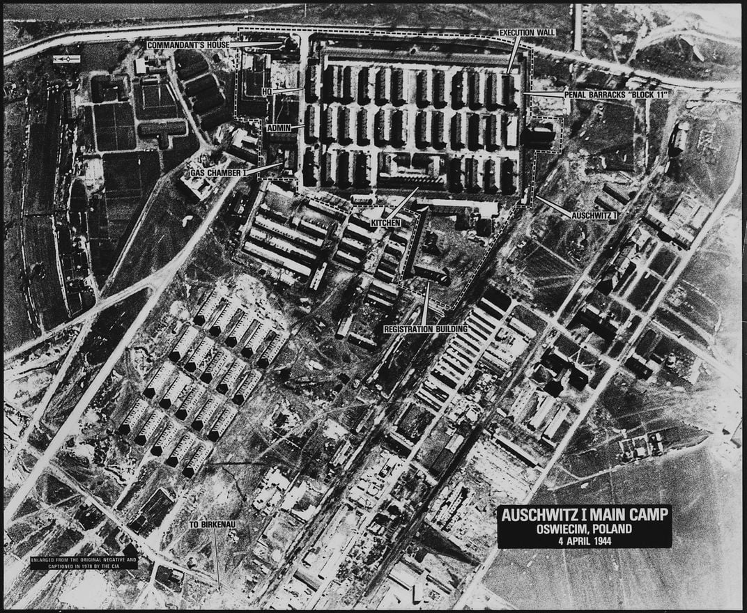 An aerial reconnaissance photo of Auschwitz, 1944