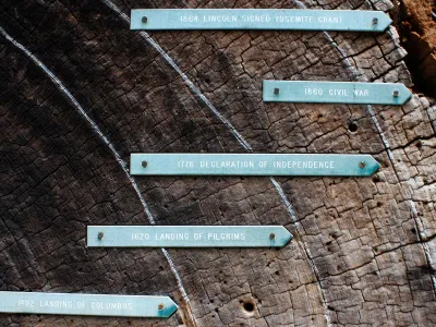 This cross section of a sequoia in Yosemite National Park in California has markers identifying the dates of tree rings.