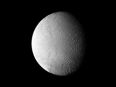 Saturn&#39;s moon Enceladus, represented in a composite of several images taken by NASA&#39;s Voyager 2 probe