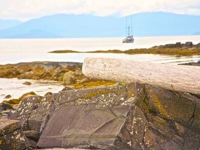 The rocky beach in Wrangell, Alaska, is decorated with more than 40 petroglyphs.