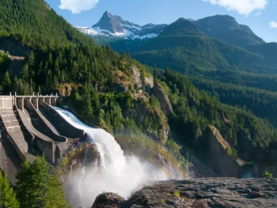 View of the Skagit River, with the Diablo Dam (completed in 1930) visible