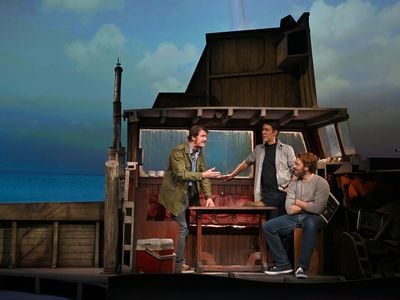 Ian Shaw, Demetri Goritas and Liam Murray Scott perform in&nbsp;The Shark Is Broken during the show&#39;s&nbsp;2021 run in London. Ian Shaw reprises his role on Broadway, playing his father, Robert Shaw, while co-stars Colin Donnell and Alex Brightman play Roy Scheider and Richard Dreyfuss, respectively.