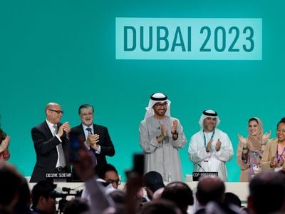 COP28 president Sultan Ahmed Al Jaber and others applaud after nations adopted the first climate deal calling for a transition away from fossil fuels. A lead negotiator for 39 small island nations noted that the group&nbsp;was not in the room when the final agreement was reached.
