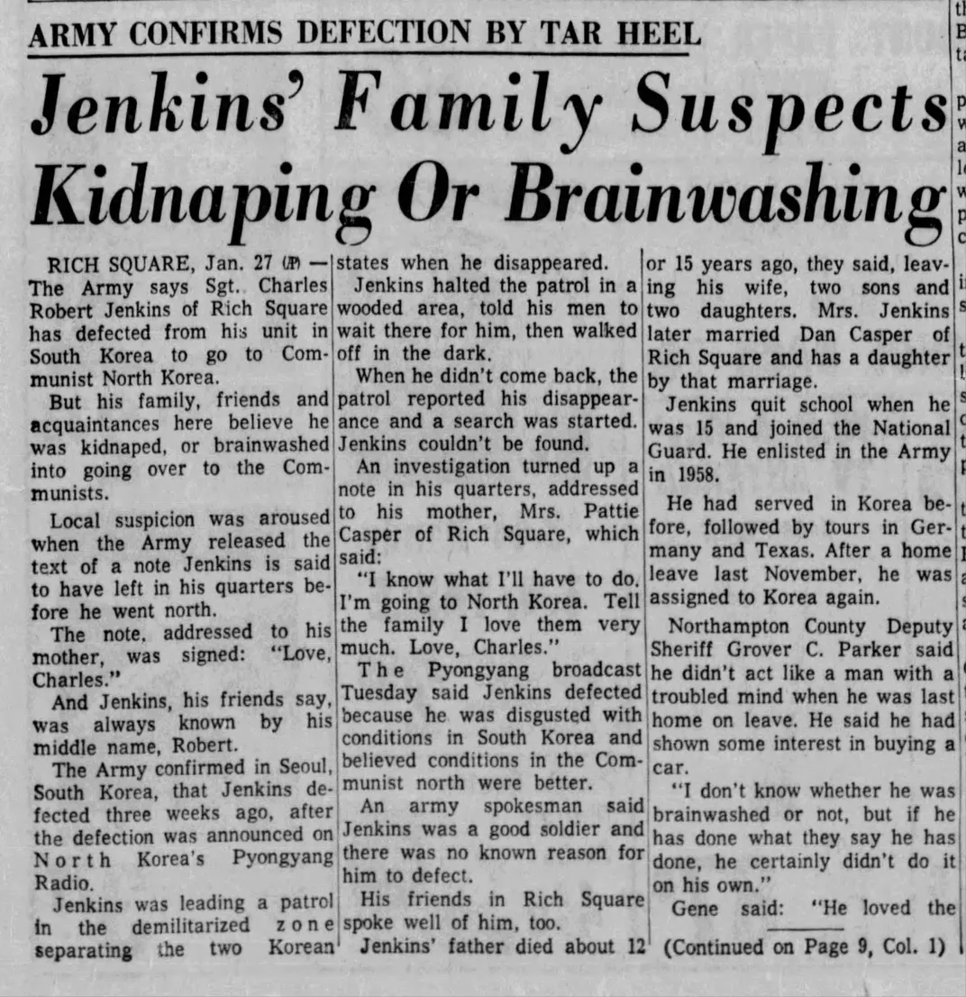 A 1965 newspaper article about Jenkins' defection