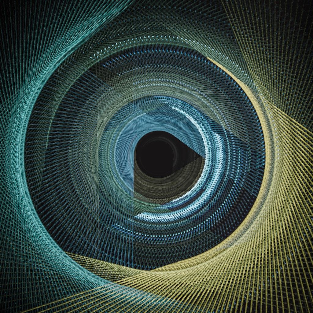 colored lines of yellow, blue and green form radial and triangular patterns against a black background