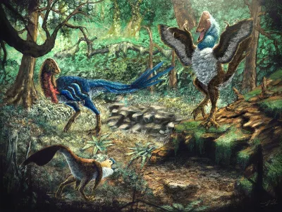 Paleontologists have recognized three related, parrot-like dinosaurs in the Hell Creek Formation. Eoneophron infernalis&nbsp;(top left) walks by MOR 752 (bottom left) and&nbsp;Anzu wyliei&nbsp;(right).