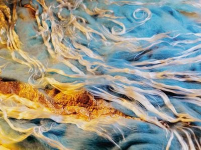 Though stationary, fibers of different colors and textures are combined in ways that suggest water or air in motion and subject to the whims of turbulence.