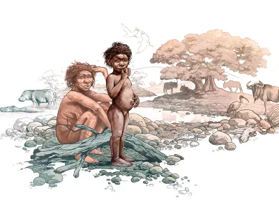 An illustration of the Homo erectus child with her mother in the Ethiopian highlands, two million years ago