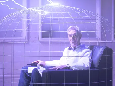 A man wearing a lab coat sits in a chair inside a wire cage with electric bolts coming down