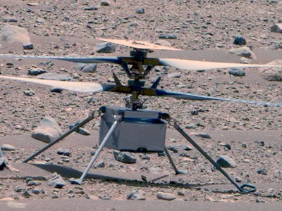 A photo of Ingenuity taken by the Perseverance rover in April 2023. The helicopter arrived on Mars attached to Perseverance in February 2021.