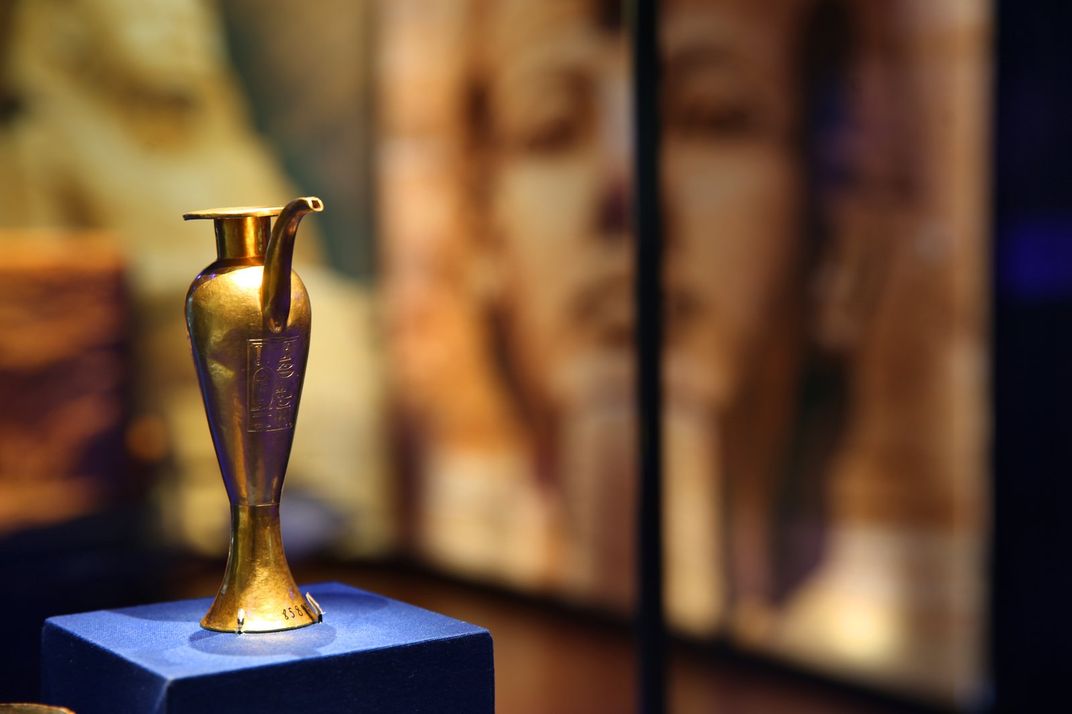 A gold vase found in the tomb of Psusennes I, on display in "Ramses & the Gold of the Pharaohs"