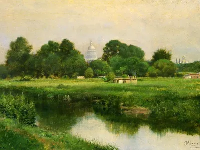 Painting of a marsh with the U.S. capital in the background.