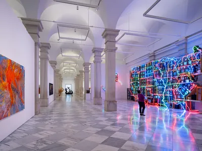 Nam June Paik&rsquo;s 1995&nbsp;Electronic Superhighway: Continental U.S., Alaska, Hawaii&mdash;a pulsing map of the 50 states lined with 575 feet of multicolored neon tubing, with each state defined by flickering video from 336 televisions and 50 DVD players&mdash;is one of the museum&rsquo;s most popular pieces.