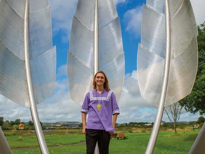 Austin West visits Kindred Spirits, a monument to the Choctaw in County Cork. The 20-foot-high steel feathers symbolize those used in Choctaw ceremonies.