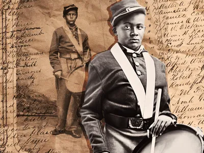 Nine-year-old Neikoye Flowers (foreground), photographed in 2023 wearing in a Civil War uniform like the one worn by his ancestor, David Miles Moore, Jr. (background),160 years ago.