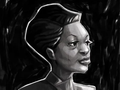 An illustrated portrait of the artist Augusta Savage in black and white