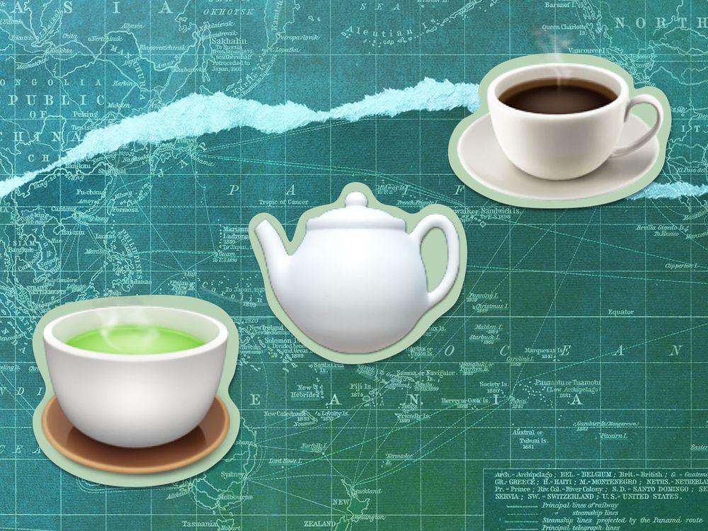 Illustration of tea emojis in front of a map of trade routes between Asia and North America