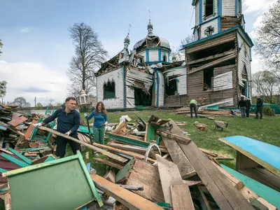 Ihor Poshyvailo, director of the Maidan Museum in Kyiv and co-founder of Ukraine&rsquo;s Heritage Emergency Response Initiative, along with his crew, salvages the remains of the Church of the Nativity of the Blessed Virgin Mary built in 1862 and shelled by the Russians in March 2022.
