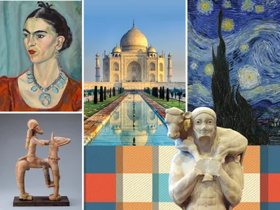 A variety of art images appear in a collage including a portrait of a woman in a red dress, a nightscape, a large marble domed building, an equestrian state and a statue of a man holding a calf on his shoulders